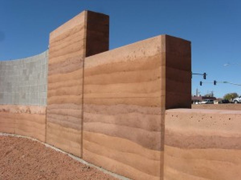 Rammed earth wall, sourced on site